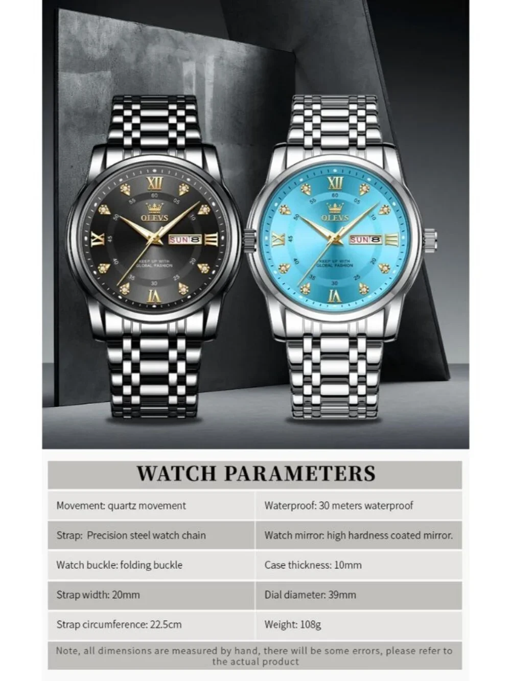 Olevs Men's Black Diamond Wrist Quartz Stainless Steel Luminous Luxury Watch